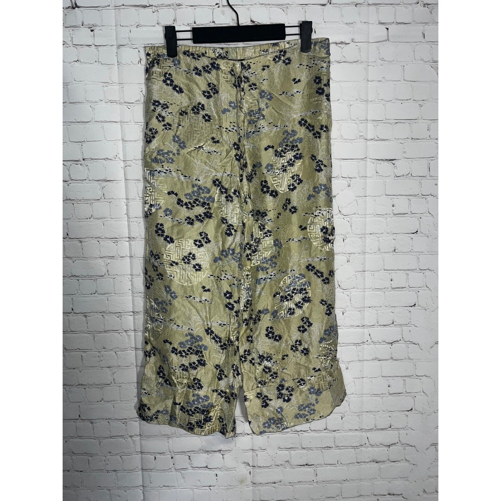 Soma Womens 100% Silk Jacquard Wide Leg Pajama Pants Yellow Floral Chinoiserie S